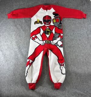 VINTAGE 90s Mighty Morphin Power Rangers Pajamas Kids 5-6 Red Fleece One Piece